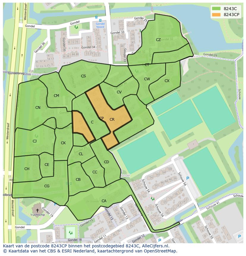 Afbeelding van het postcodegebied 8243 CP op de kaart.