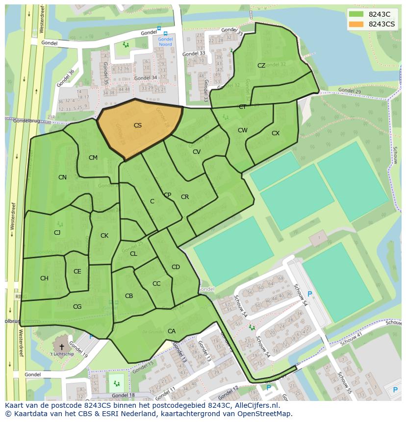 Afbeelding van het postcodegebied 8243 CS op de kaart.
