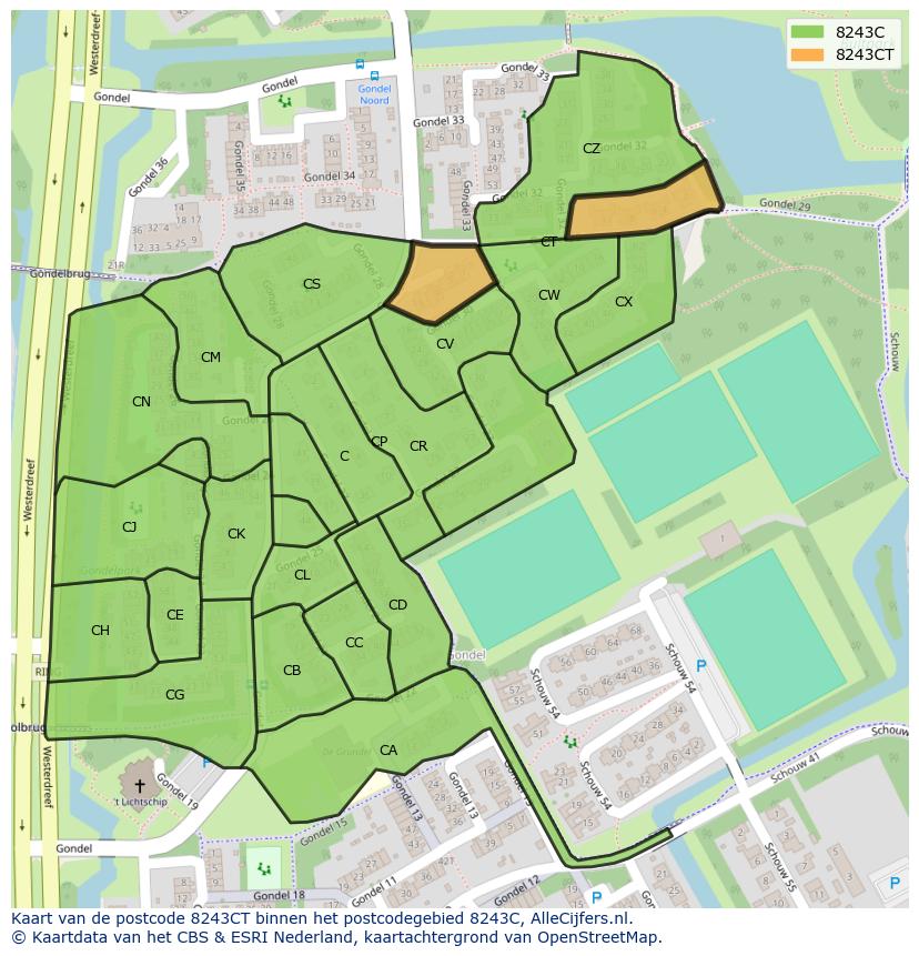Afbeelding van het postcodegebied 8243 CT op de kaart.
