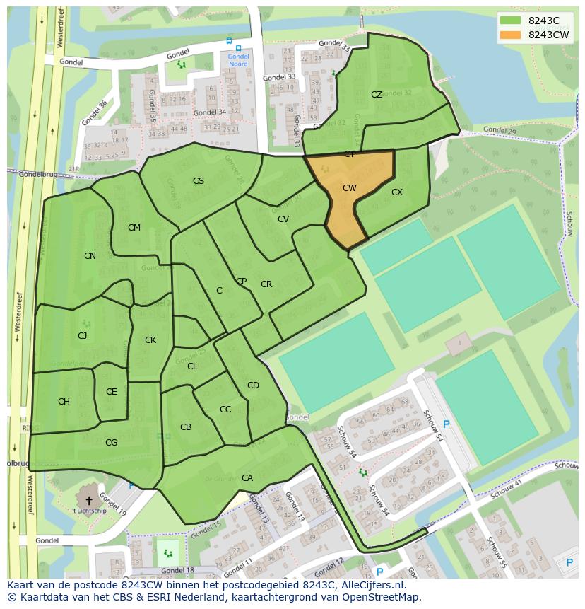 Afbeelding van het postcodegebied 8243 CW op de kaart.