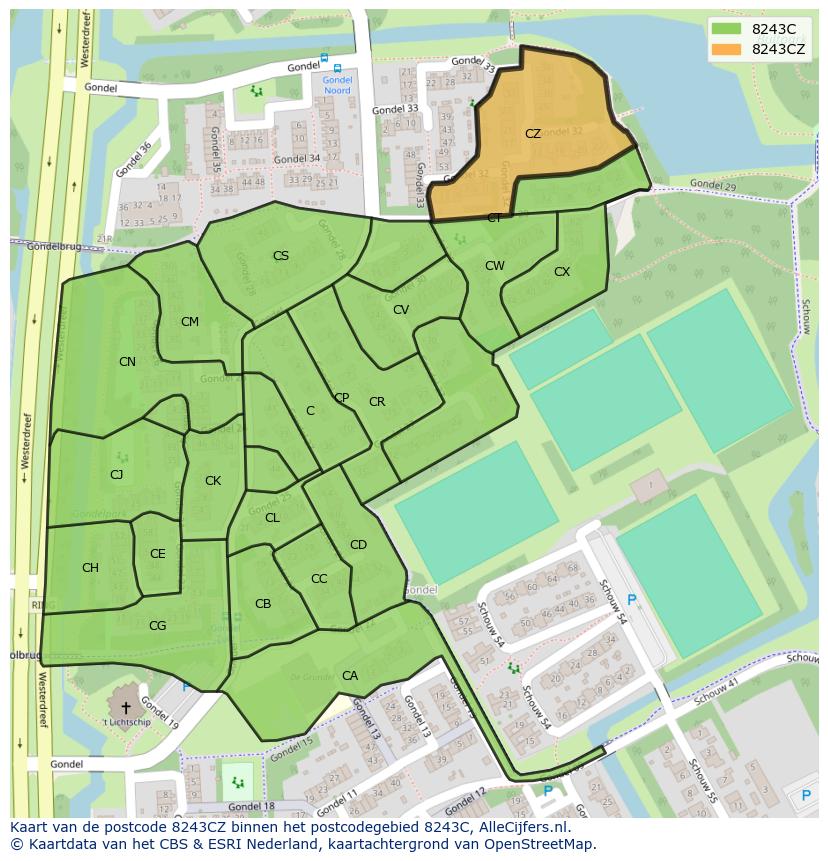 Afbeelding van het postcodegebied 8243 CZ op de kaart.
