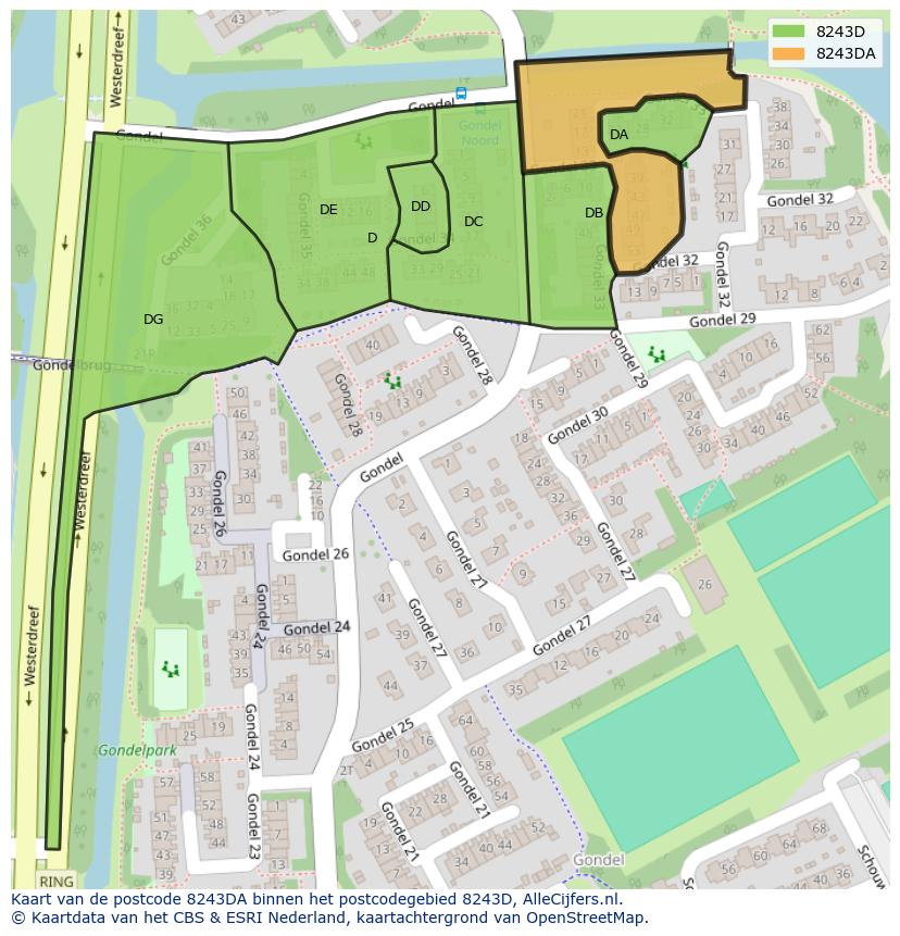 Afbeelding van het postcodegebied 8243 DA op de kaart.