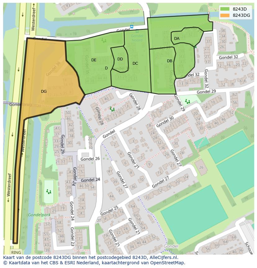 Afbeelding van het postcodegebied 8243 DG op de kaart.