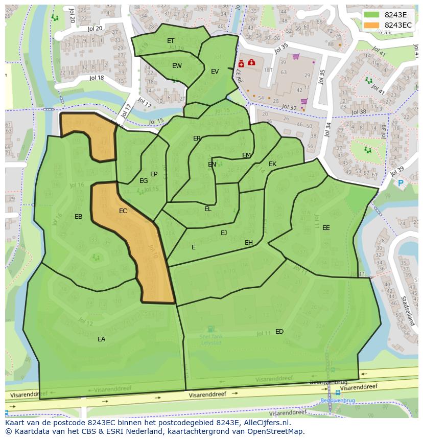 Afbeelding van het postcodegebied 8243 EC op de kaart.