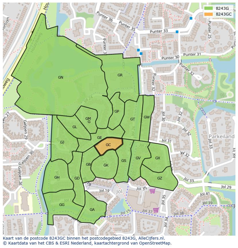 Afbeelding van het postcodegebied 8243 GC op de kaart.