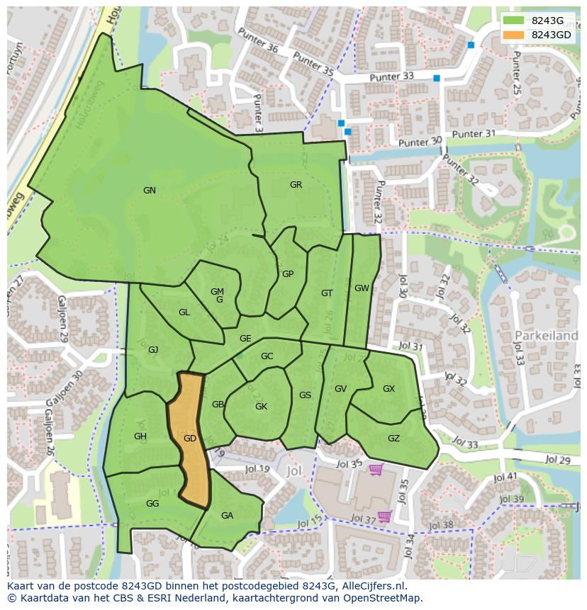 Afbeelding van het postcodegebied 8243 GD op de kaart.