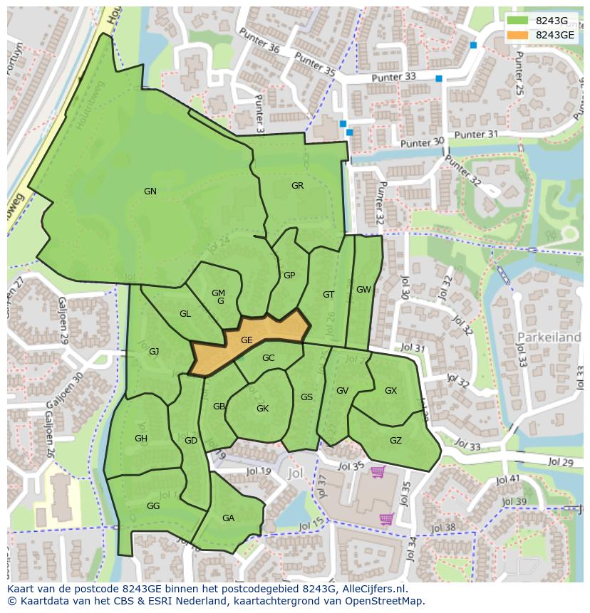 Afbeelding van het postcodegebied 8243 GE op de kaart.