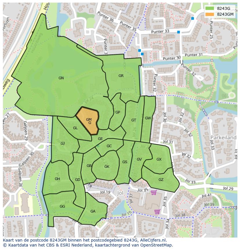 Afbeelding van het postcodegebied 8243 GM op de kaart.