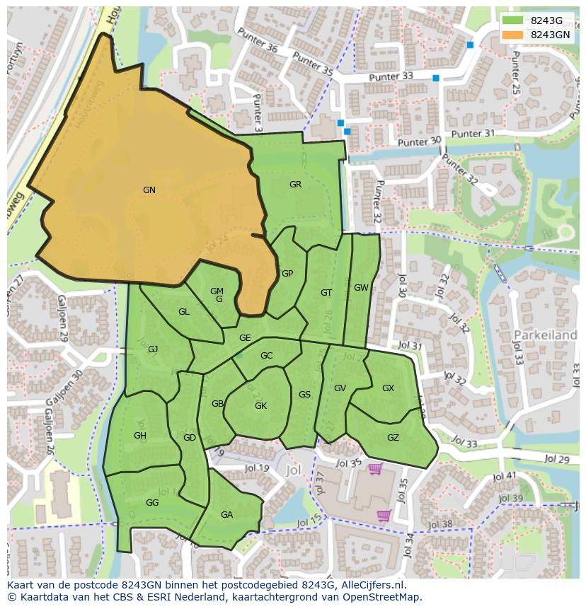 Afbeelding van het postcodegebied 8243 GN op de kaart.