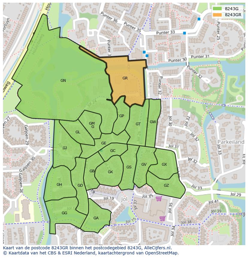 Afbeelding van het postcodegebied 8243 GR op de kaart.