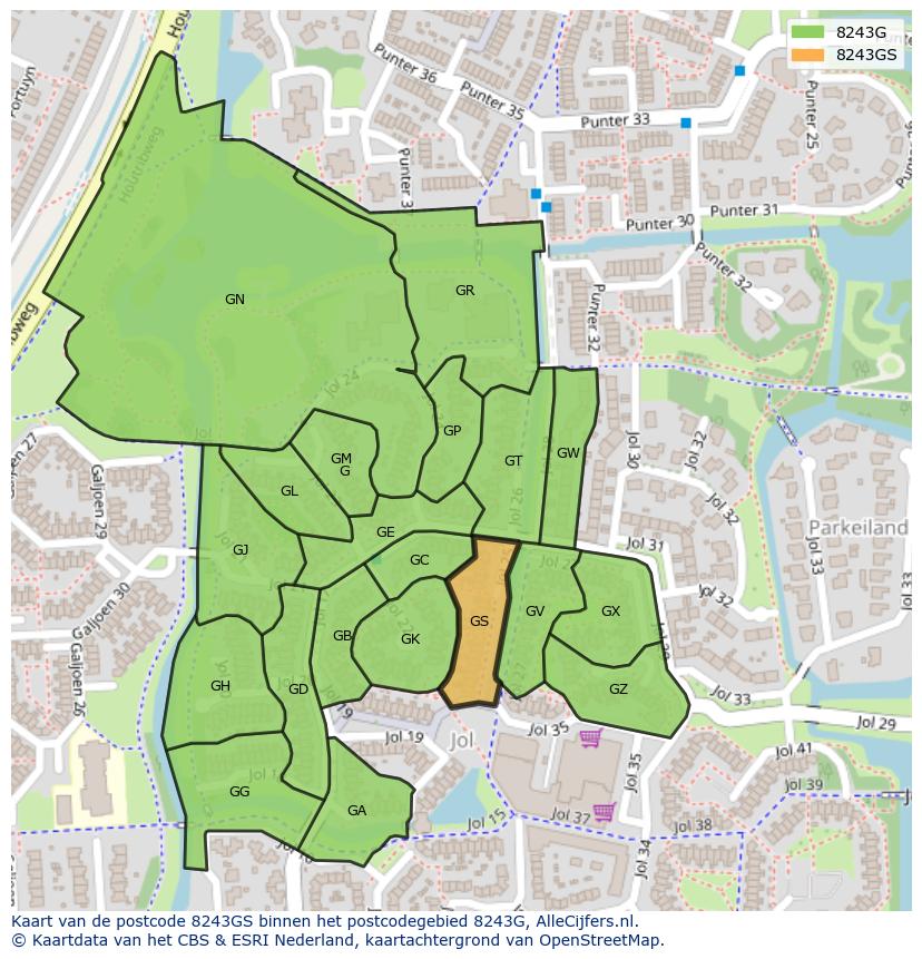 Afbeelding van het postcodegebied 8243 GS op de kaart.