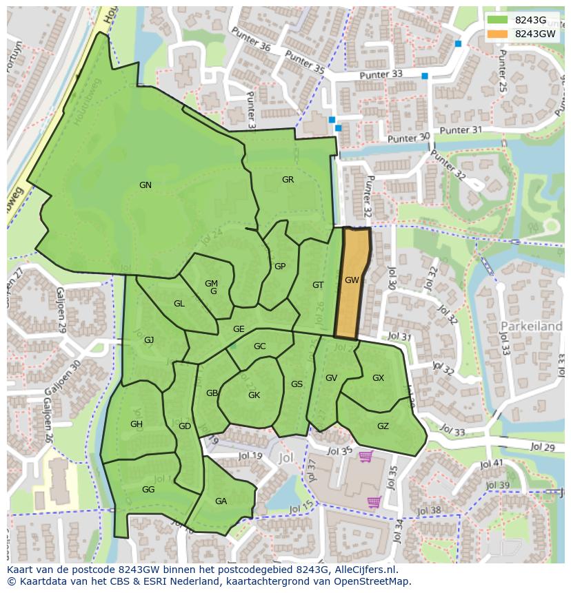 Afbeelding van het postcodegebied 8243 GW op de kaart.