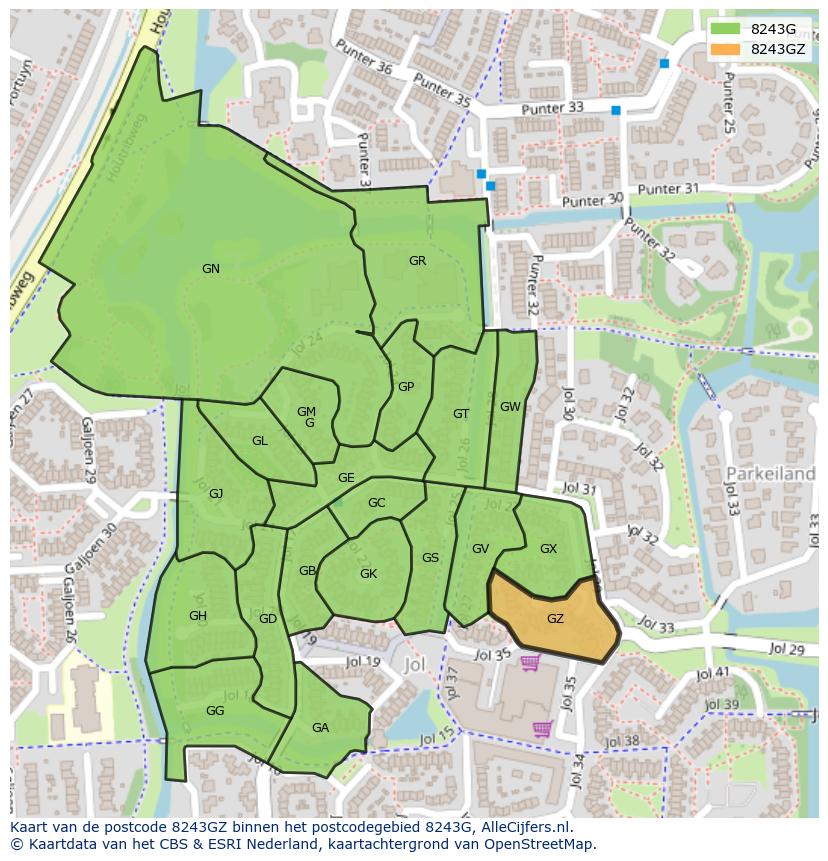 Afbeelding van het postcodegebied 8243 GZ op de kaart.