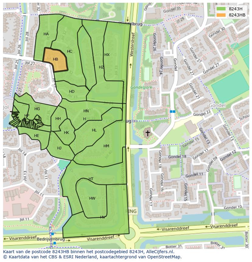 Afbeelding van het postcodegebied 8243 HB op de kaart.