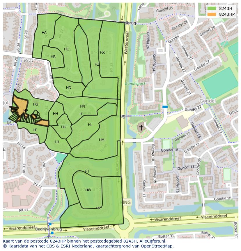 Afbeelding van het postcodegebied 8243 HP op de kaart.