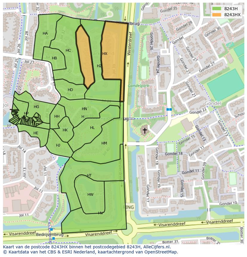 Afbeelding van het postcodegebied 8243 HX op de kaart.
