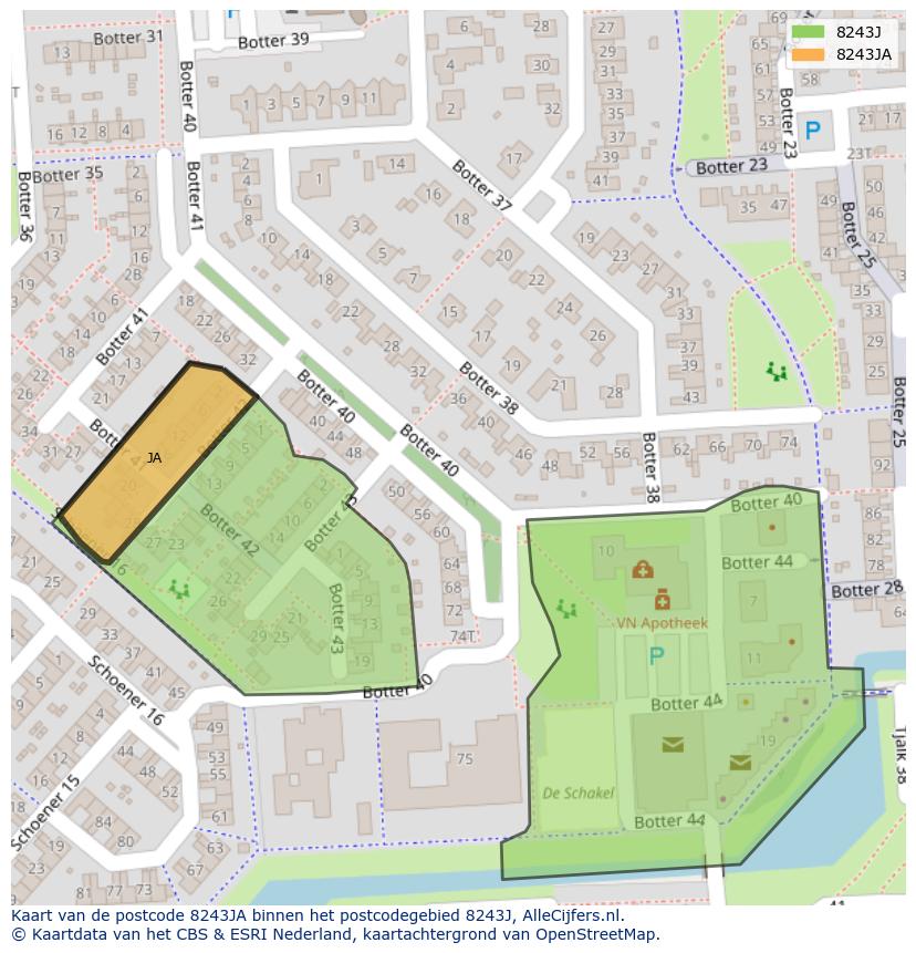 Afbeelding van het postcodegebied 8243 JA op de kaart.
