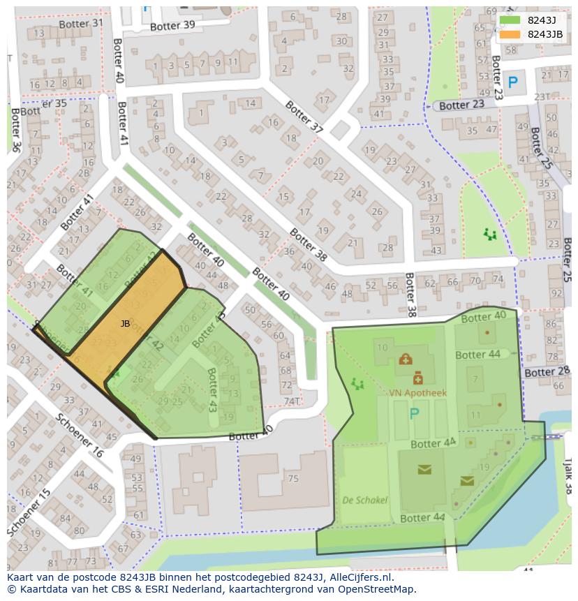 Afbeelding van het postcodegebied 8243 JB op de kaart.