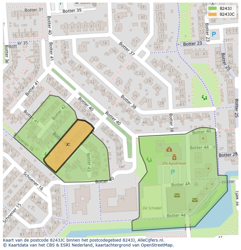 Afbeelding van het postcodegebied 8243 JC op de kaart.