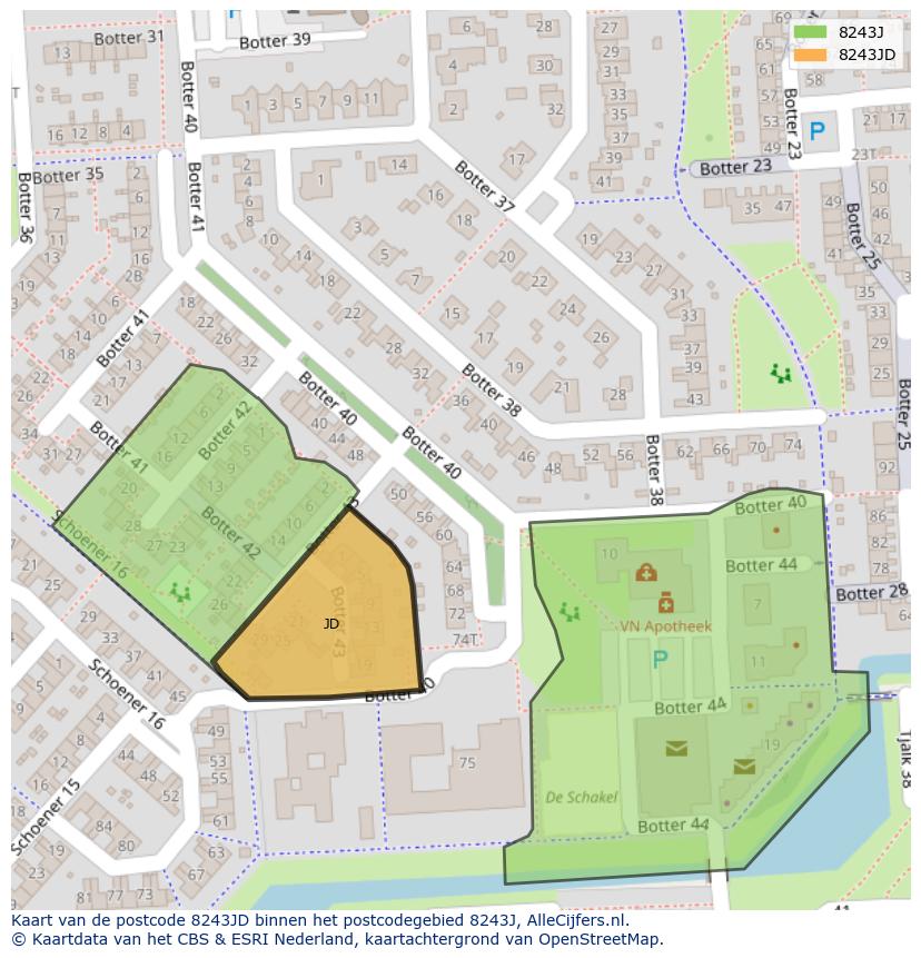Afbeelding van het postcodegebied 8243 JD op de kaart.