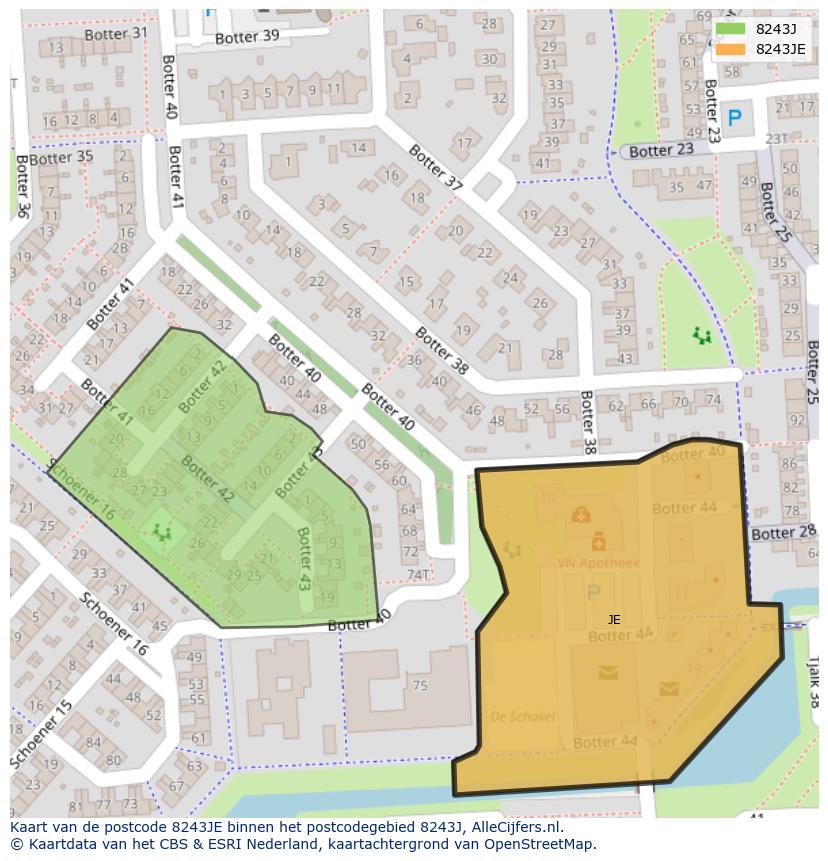 Afbeelding van het postcodegebied 8243 JE op de kaart.