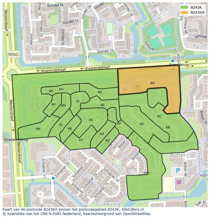 Afbeelding van het postcodegebied 8243 KA op de kaart.