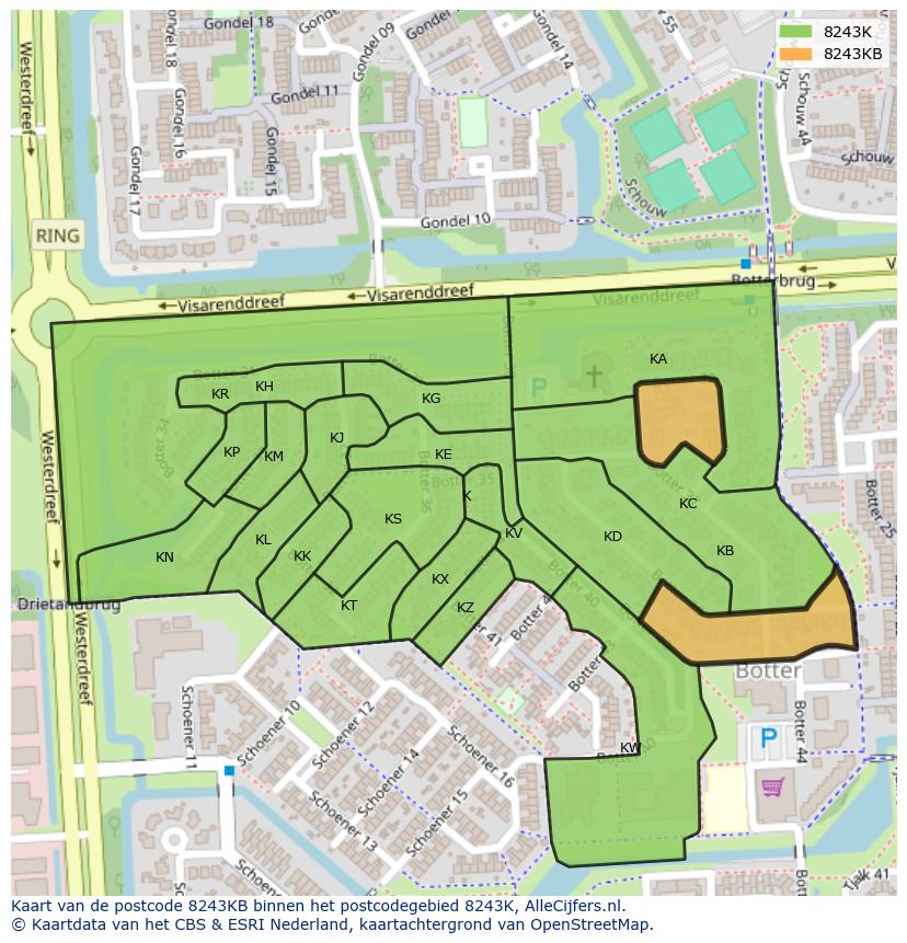 Afbeelding van het postcodegebied 8243 KB op de kaart.