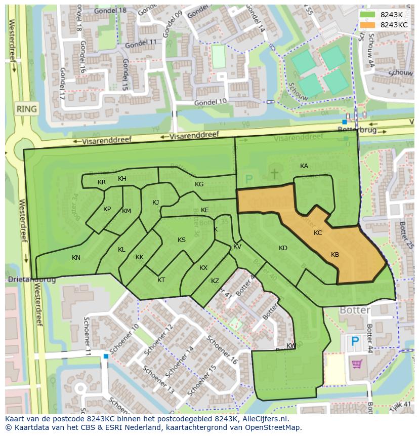Afbeelding van het postcodegebied 8243 KC op de kaart.