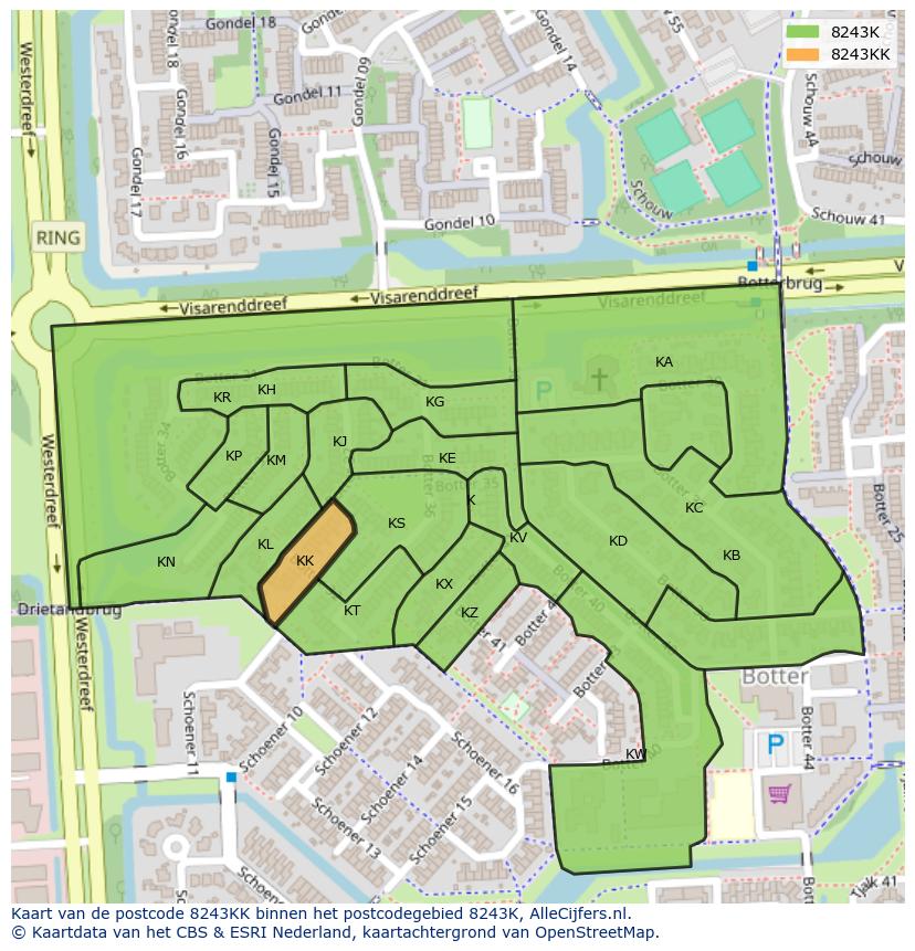 Afbeelding van het postcodegebied 8243 KK op de kaart.