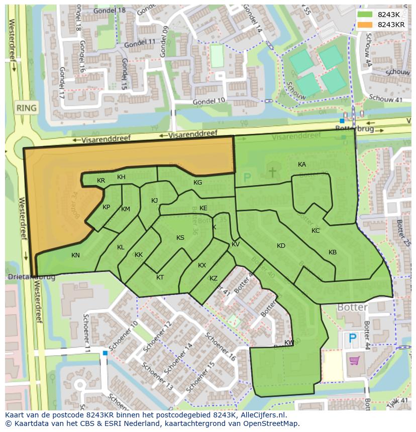 Afbeelding van het postcodegebied 8243 KR op de kaart.