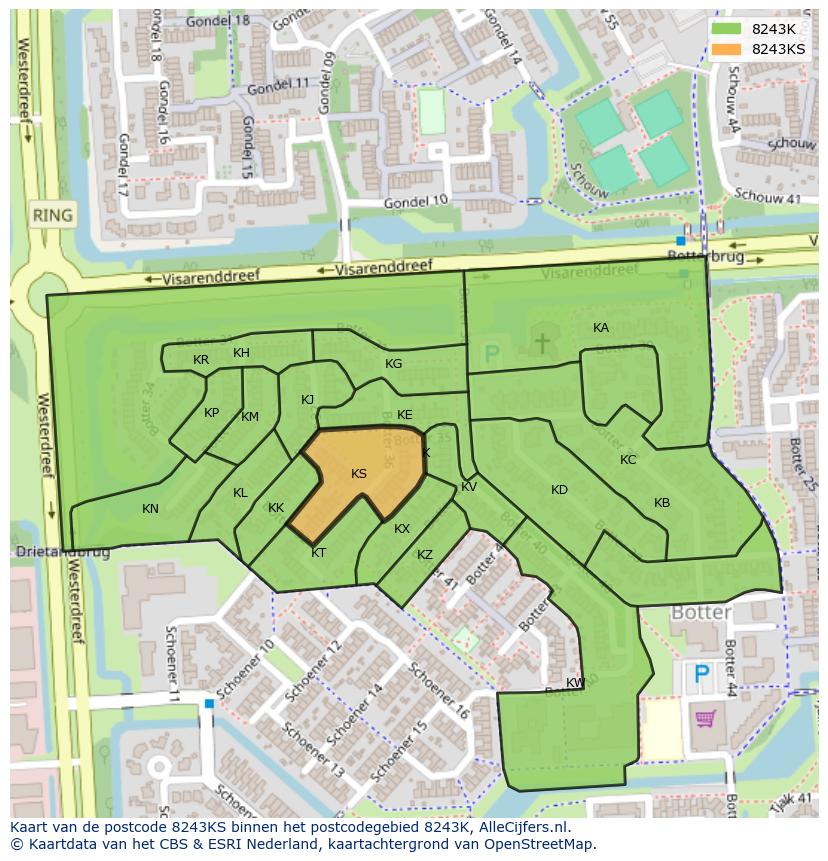 Afbeelding van het postcodegebied 8243 KS op de kaart.