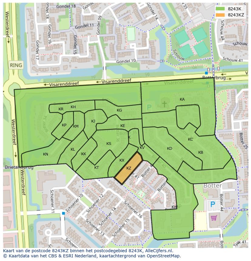 Afbeelding van het postcodegebied 8243 KZ op de kaart.