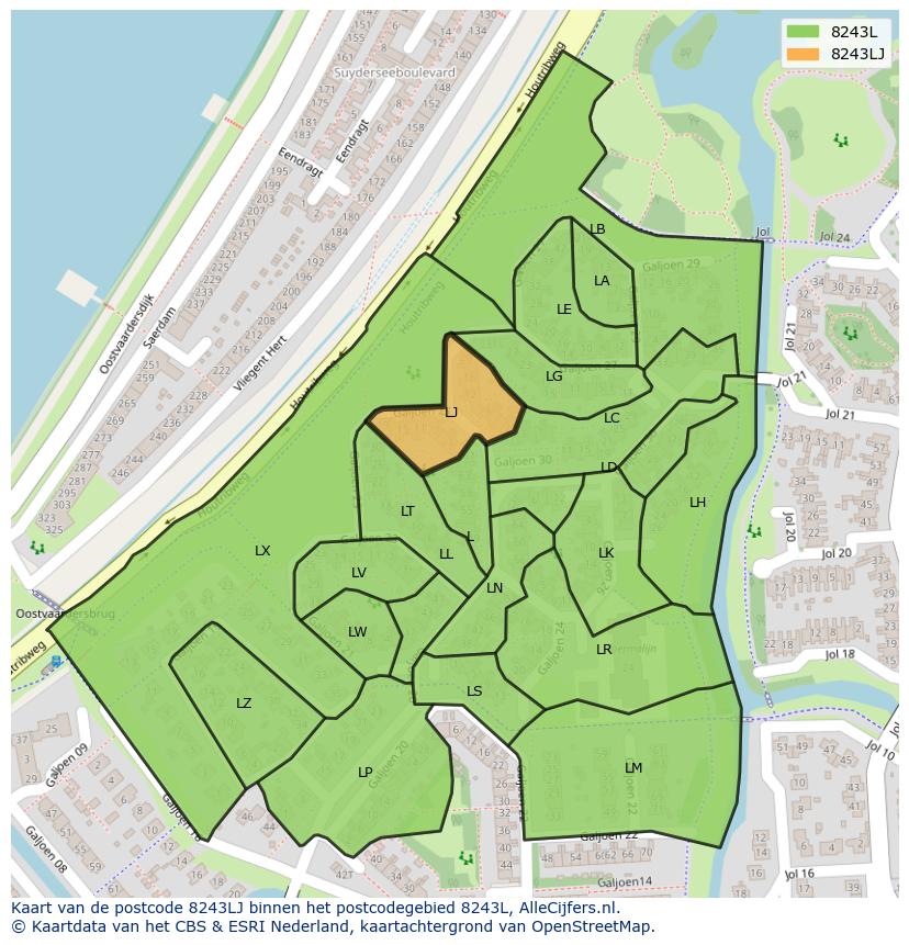 Afbeelding van het postcodegebied 8243 LJ op de kaart.
