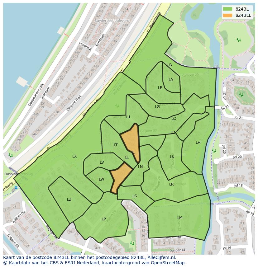 Afbeelding van het postcodegebied 8243 LL op de kaart.