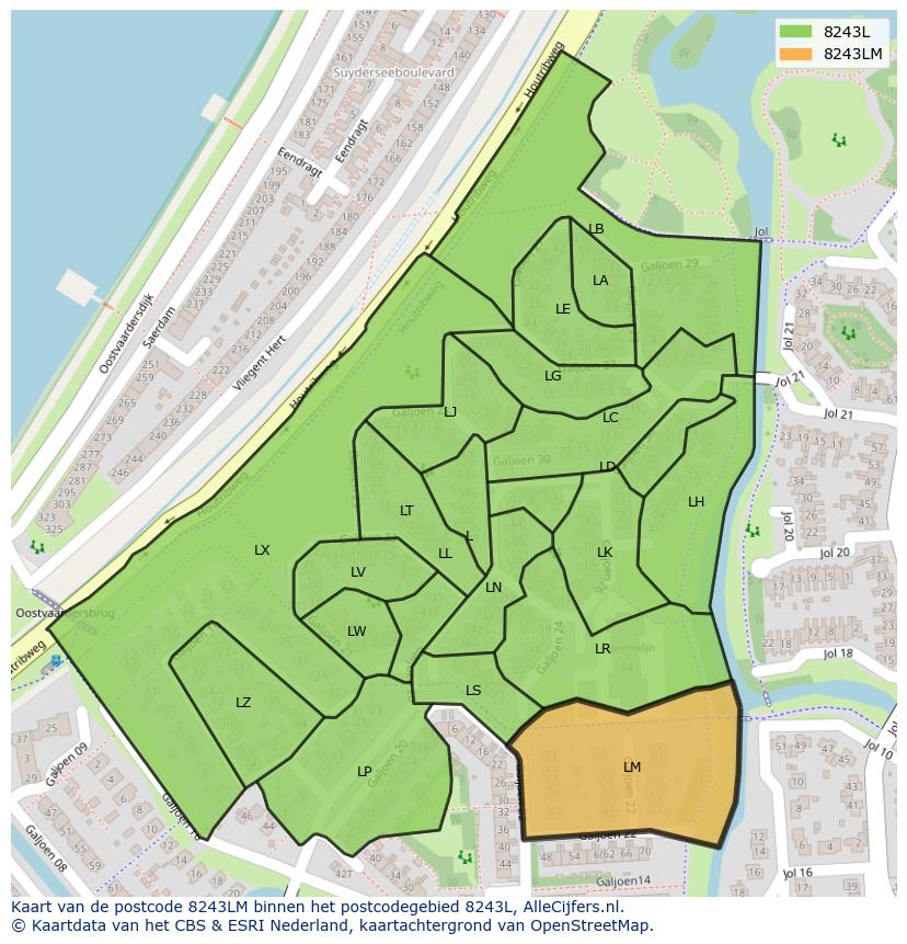 Afbeelding van het postcodegebied 8243 LM op de kaart.