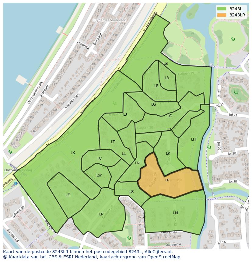 Afbeelding van het postcodegebied 8243 LR op de kaart.