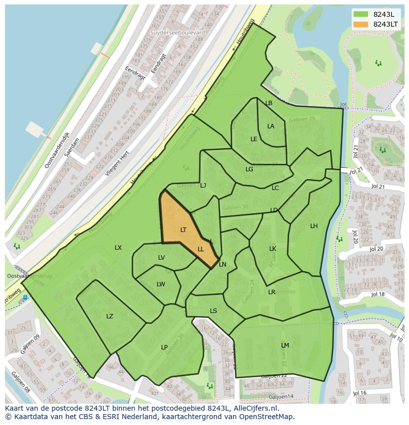 Afbeelding van het postcodegebied 8243 LT op de kaart.
