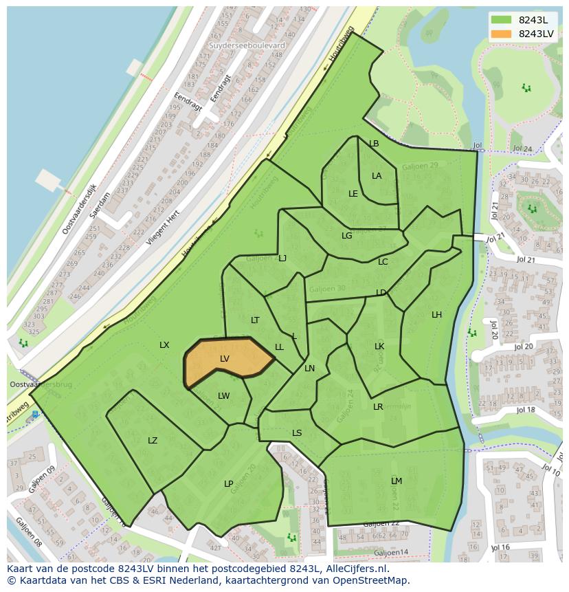 Afbeelding van het postcodegebied 8243 LV op de kaart.