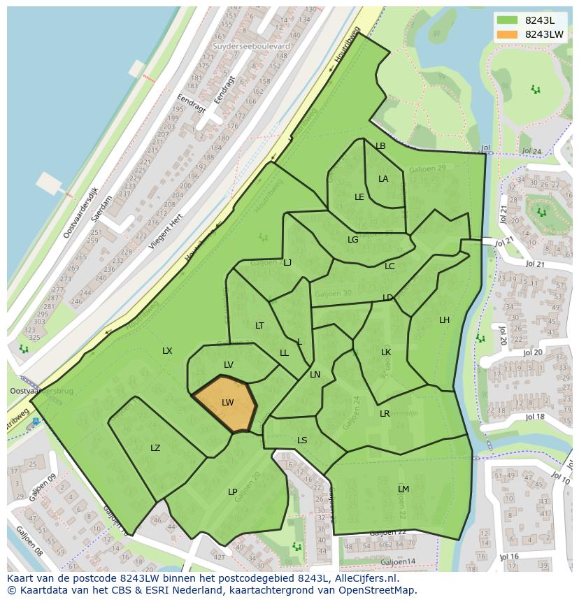 Afbeelding van het postcodegebied 8243 LW op de kaart.