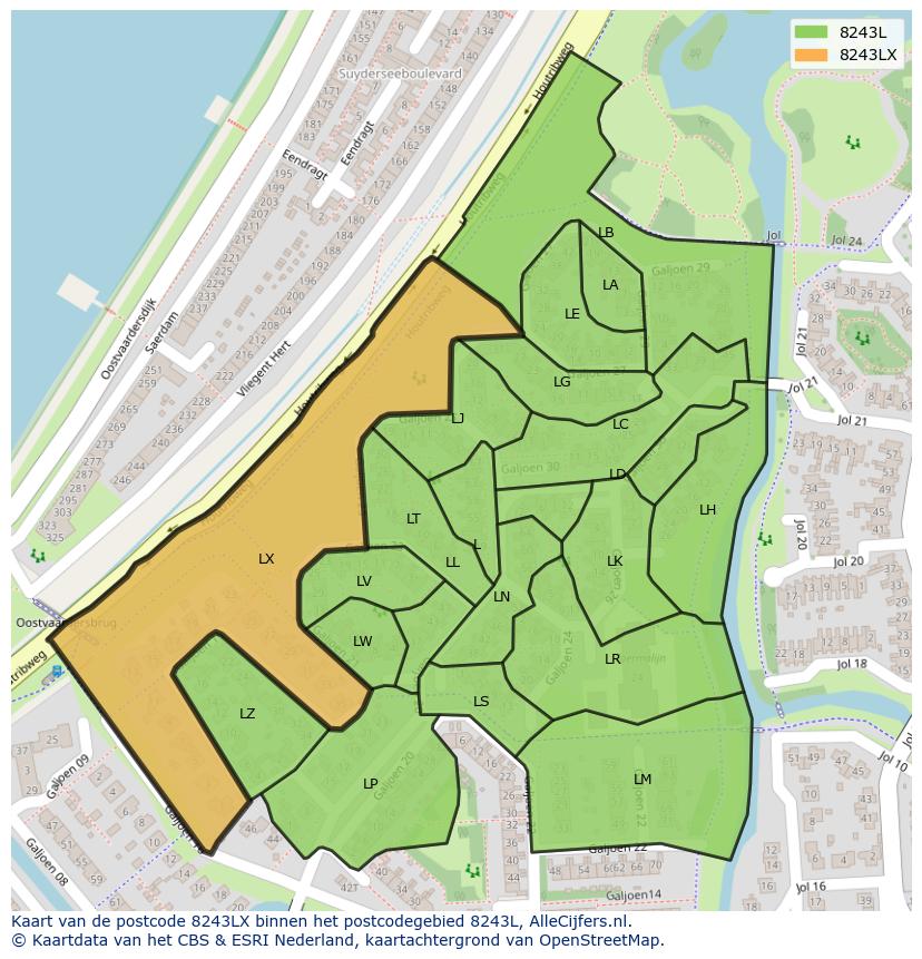 Afbeelding van het postcodegebied 8243 LX op de kaart.