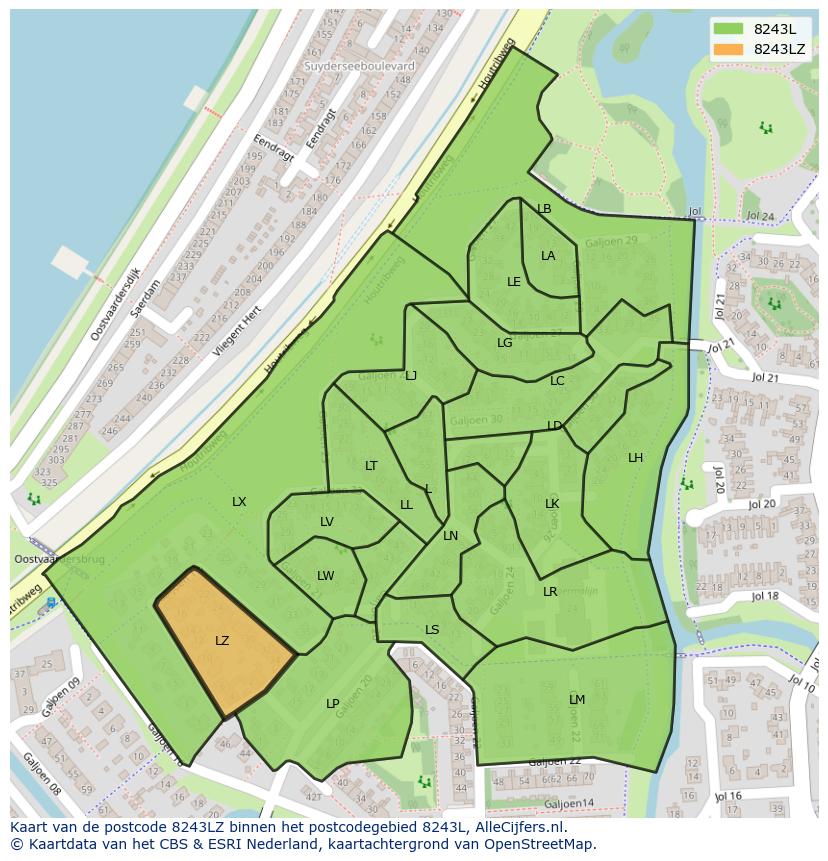 Afbeelding van het postcodegebied 8243 LZ op de kaart.