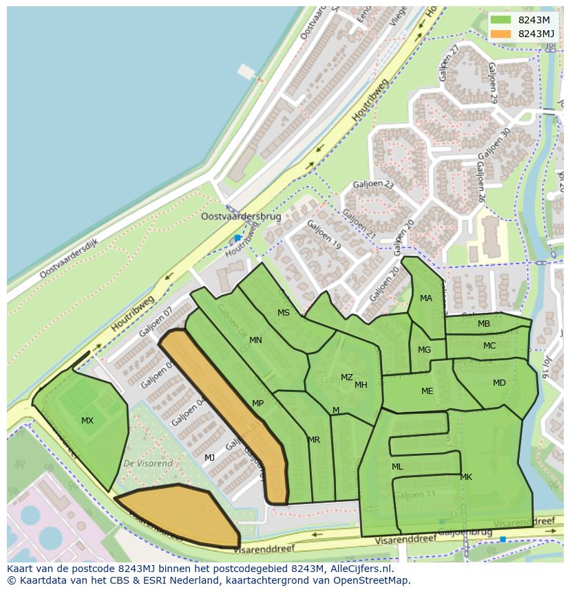 Afbeelding van het postcodegebied 8243 MJ op de kaart.