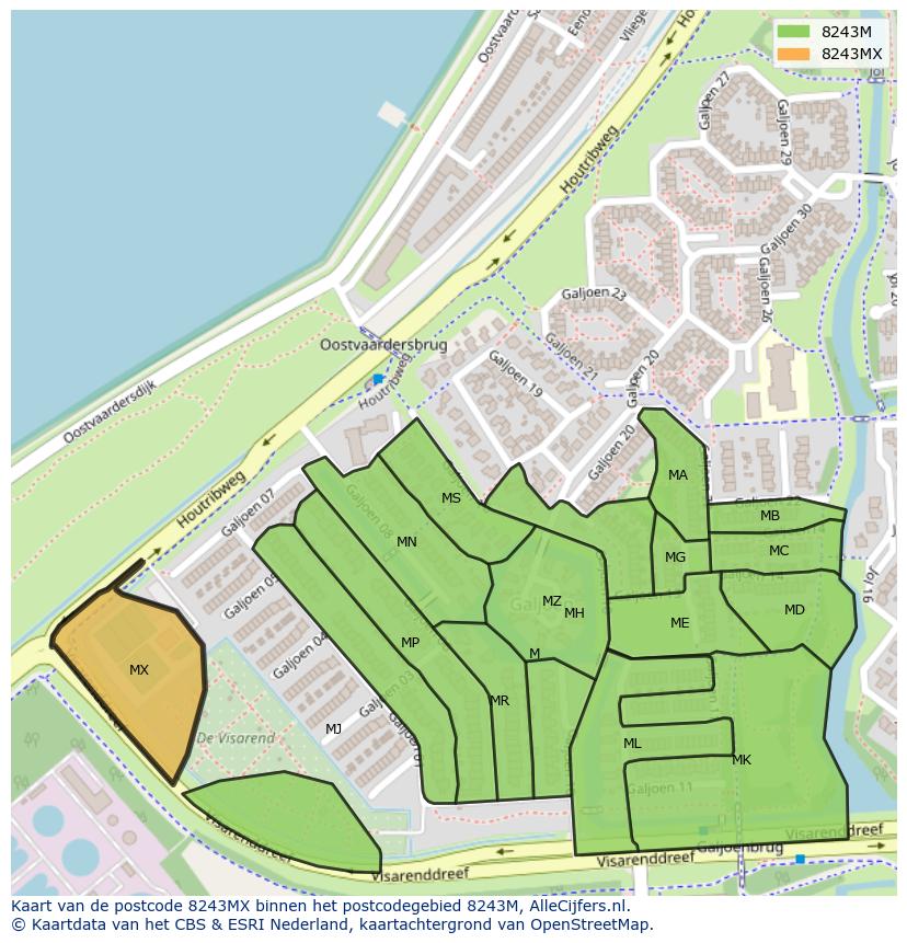 Afbeelding van het postcodegebied 8243 MX op de kaart.