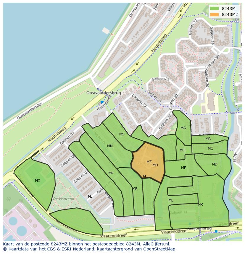 Afbeelding van het postcodegebied 8243 MZ op de kaart.