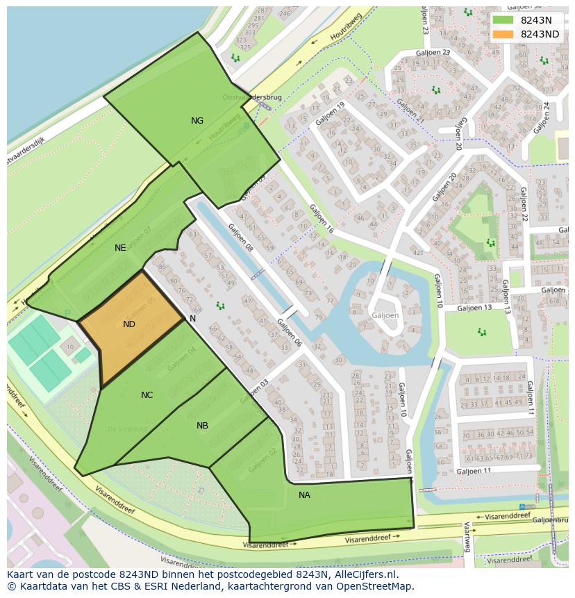Afbeelding van het postcodegebied 8243 ND op de kaart.