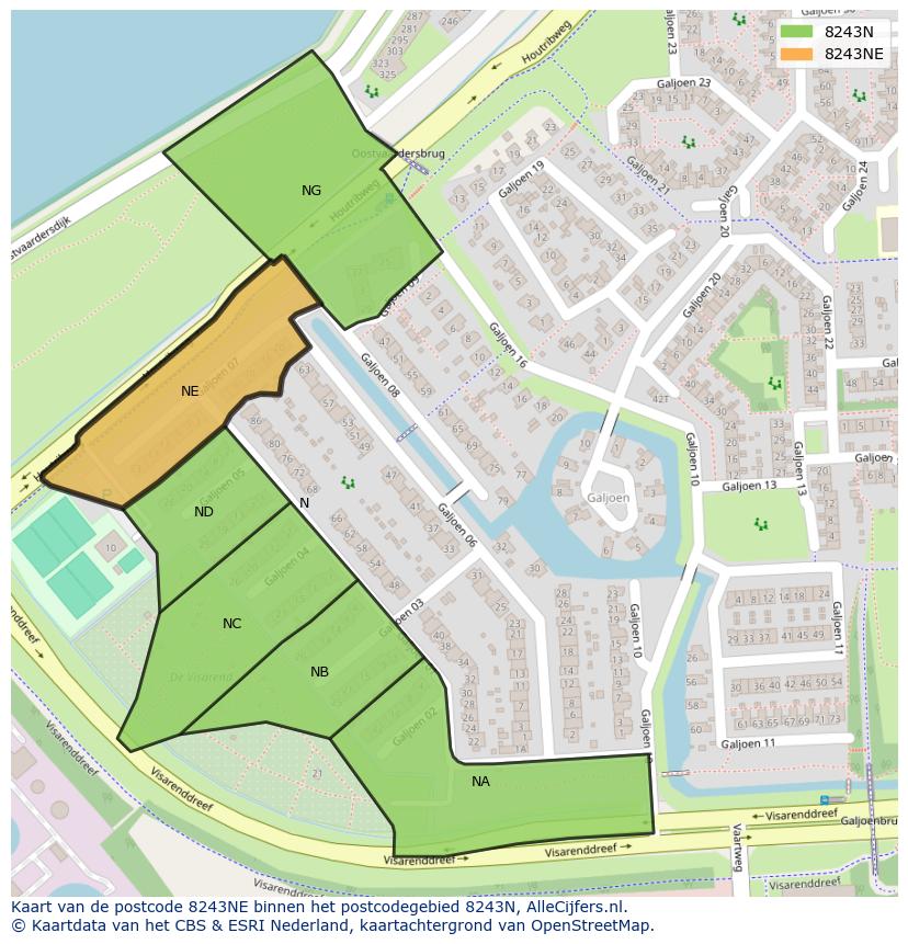 Afbeelding van het postcodegebied 8243 NE op de kaart.