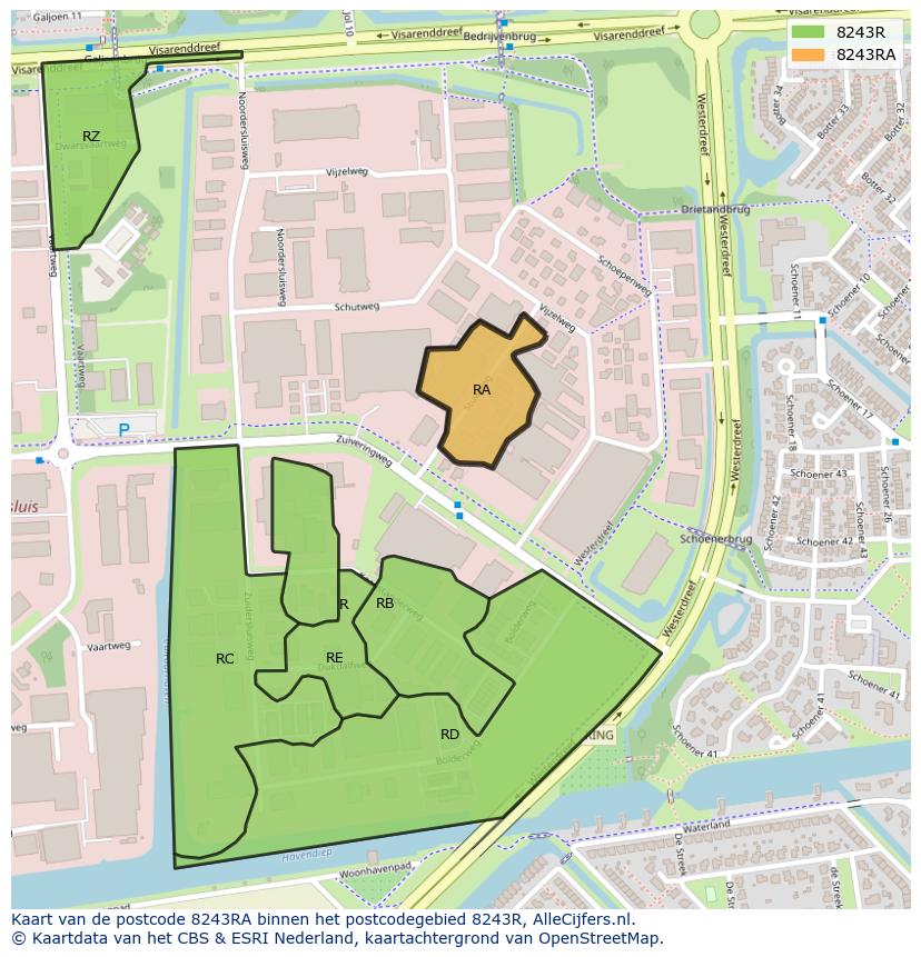 Afbeelding van het postcodegebied 8243 RA op de kaart.