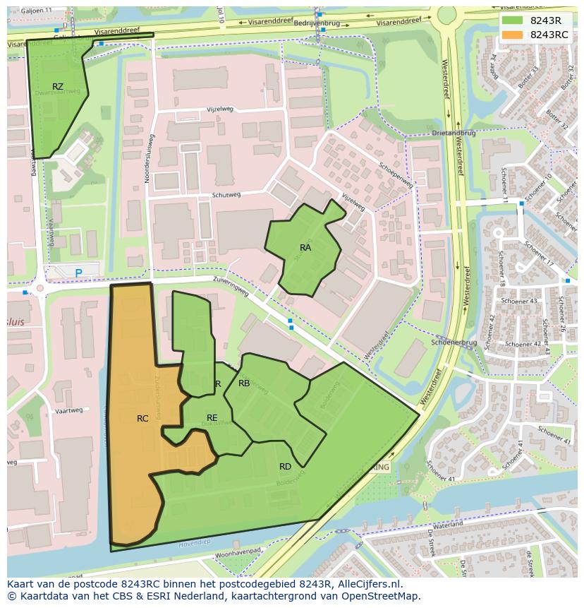 Afbeelding van het postcodegebied 8243 RC op de kaart.