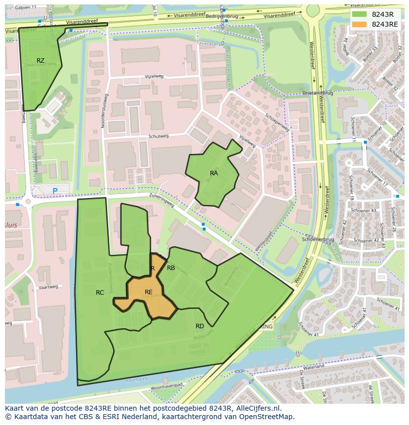 Afbeelding van het postcodegebied 8243 RE op de kaart.
