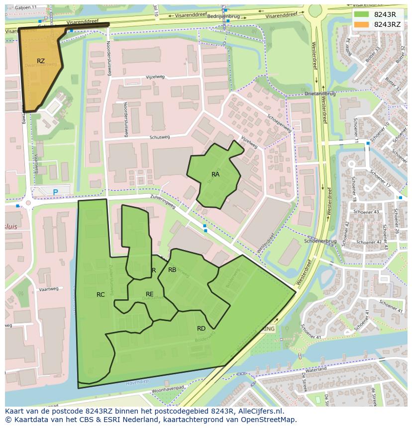 Afbeelding van het postcodegebied 8243 RZ op de kaart.